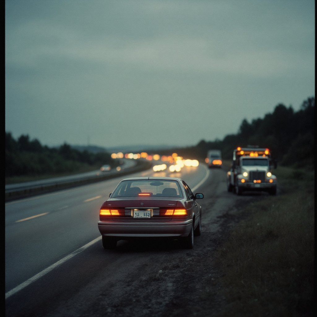 Tow operator securing a sedan onto a flatbed at night in the rain