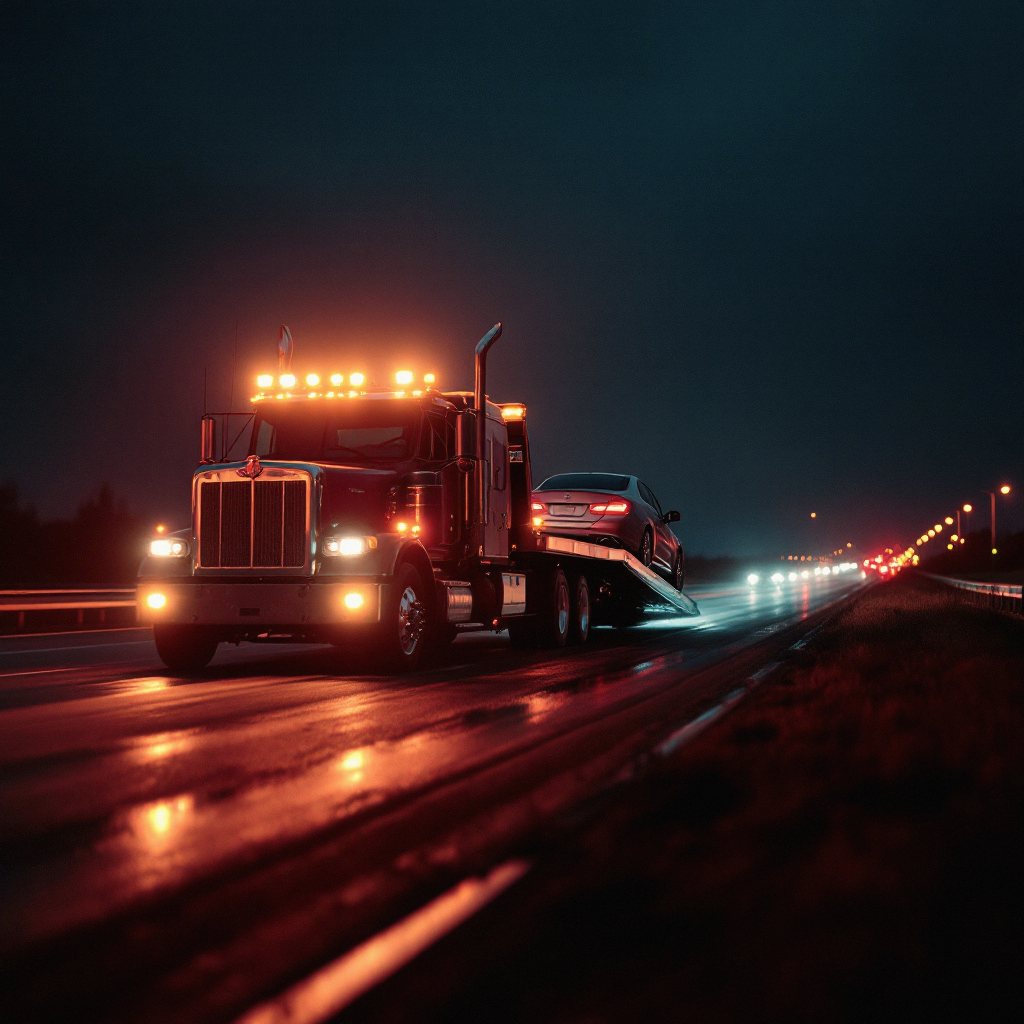 Tow truck with amber lights loading a car at night on a Fishers road